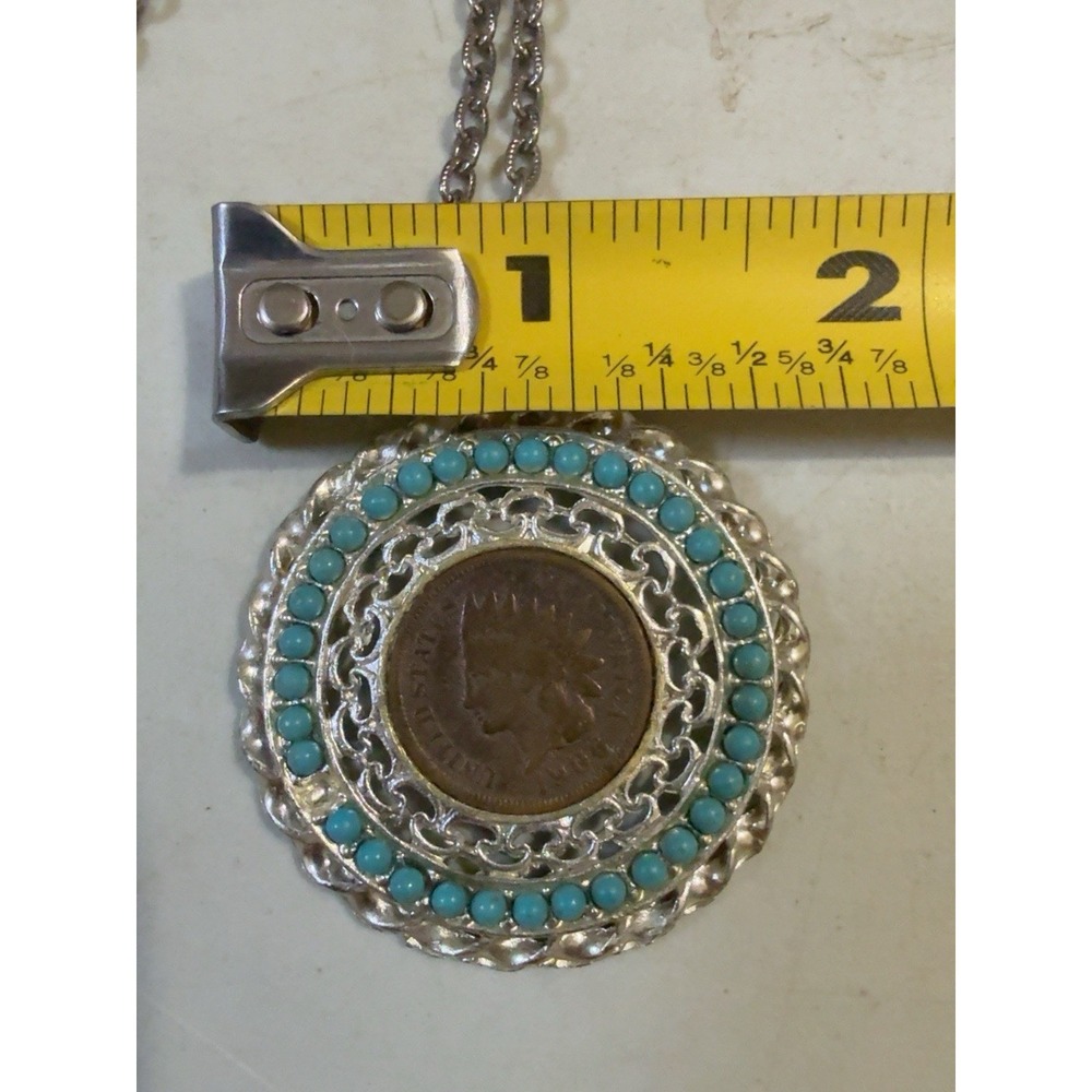 T20157-Vintage 1906 Indian Head Penny Coin Pendant Necklace Turquoise Beads 22" - Picture 9 of 9